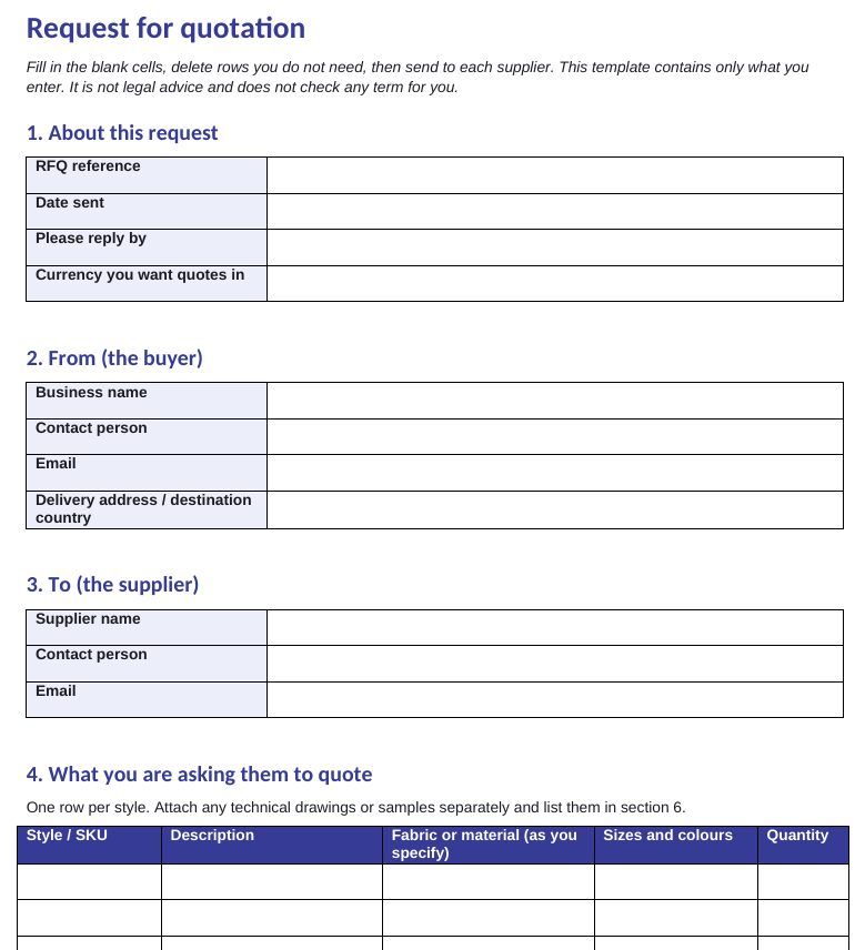 Preview of the request for quotation template with labelled blank fields to fill in.
