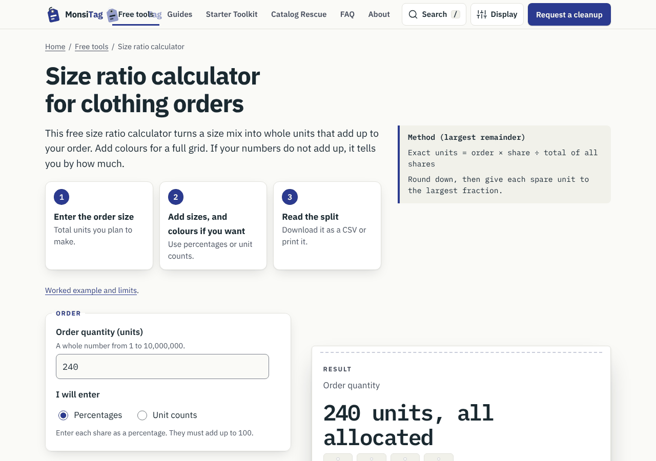 The size ratio calculator splitting an order of 240 units across four sizes and two colours.
