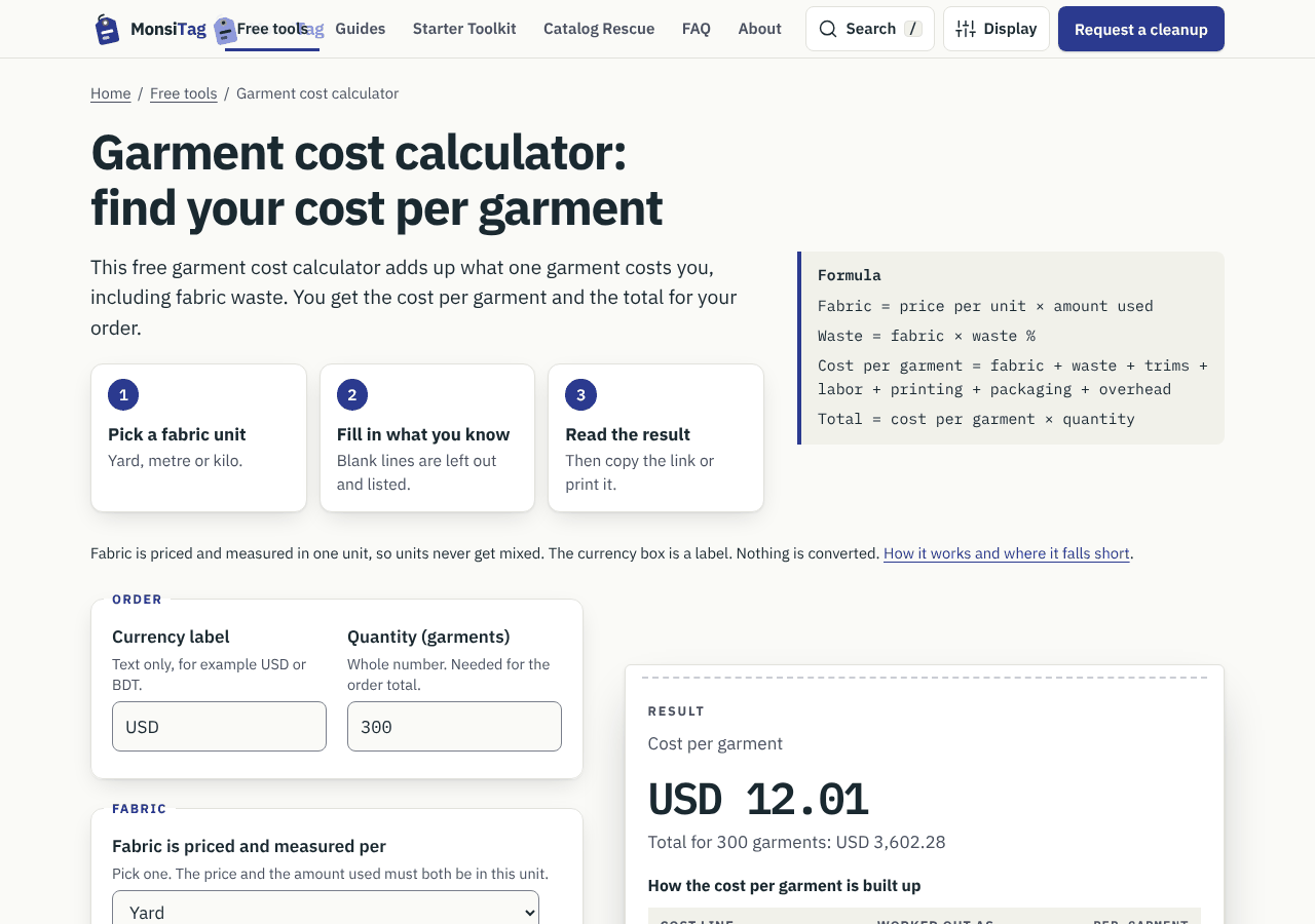 The garment cost calculator with a worked example: cost per garment USD 12.01 and an order total of USD 3,602.28.